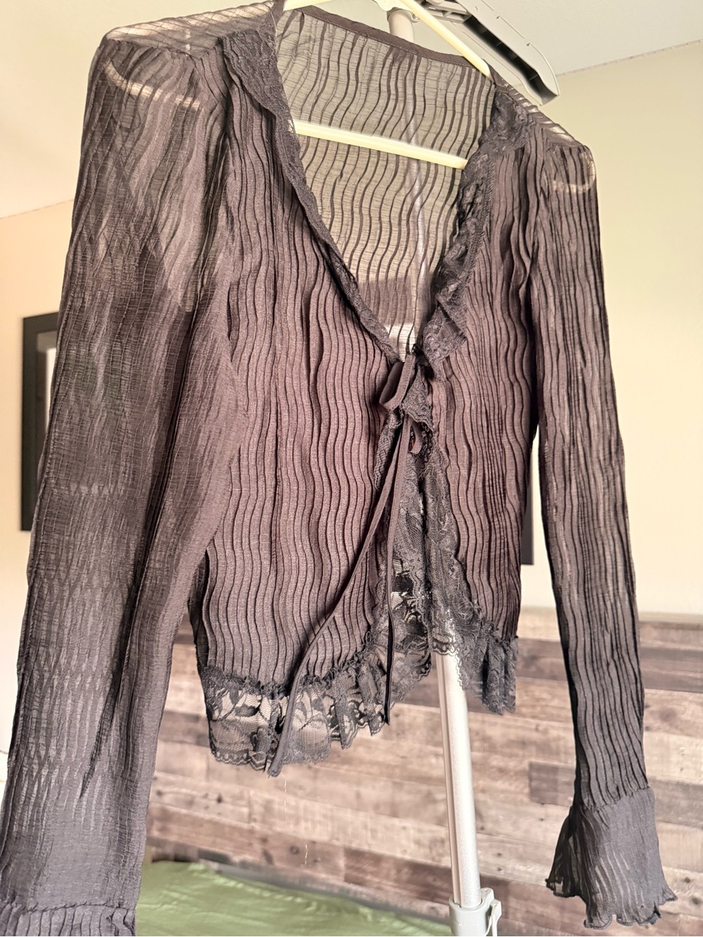Sheer Ruffled Tie-Front Blouse in Dark Charcoal